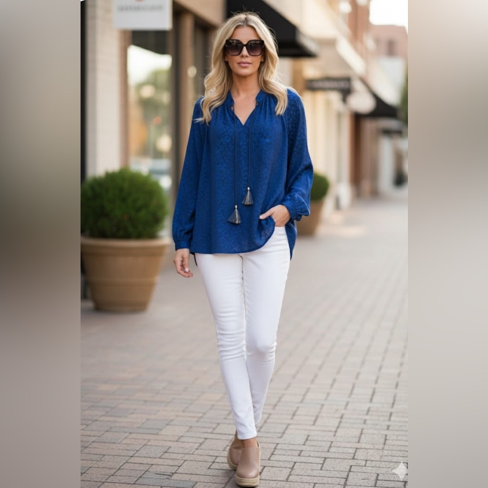 Crown & Ivy Blue Blouse with Tassel Accents